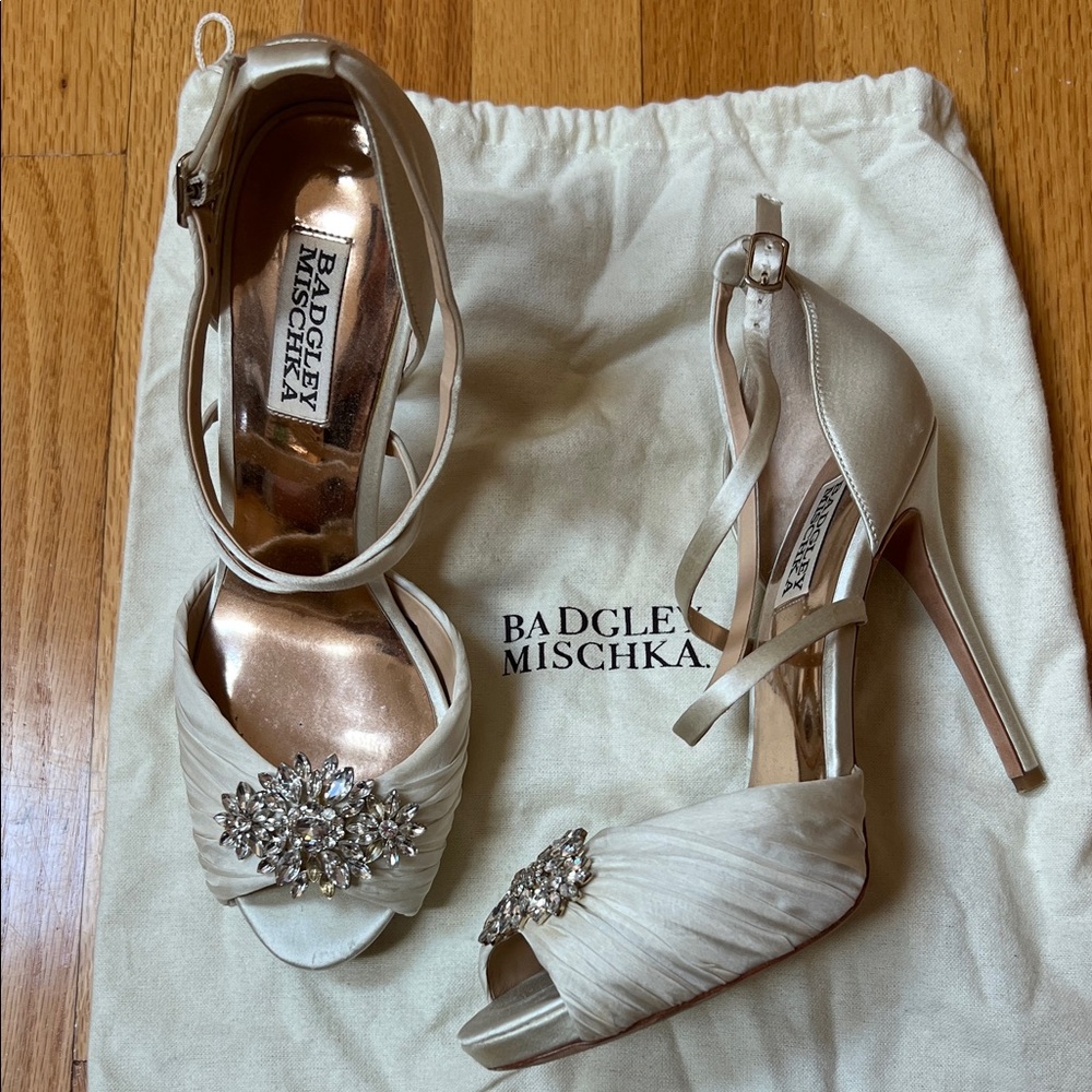 Badgley Mischka Cream Heels with Jeweled Accent